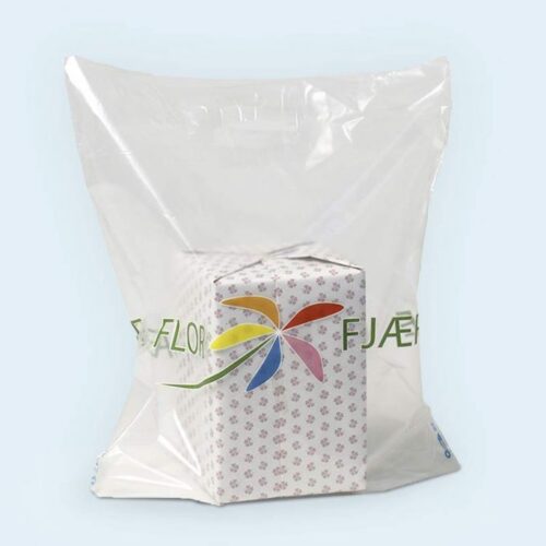 "Frostet plastpose med stilrent design fra Florfjære, perfekt for butikker og dagligvarehandel. Både praktisk og estetisk tiltalende."