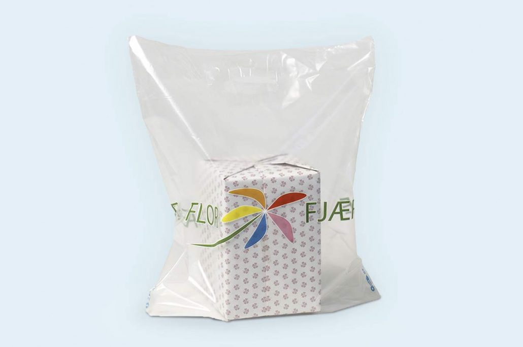 "Frostet plastpose med stilrent design fra Florfjære, perfekt for butikker og dagligvarehandel. Både praktisk og estetisk tiltalende."