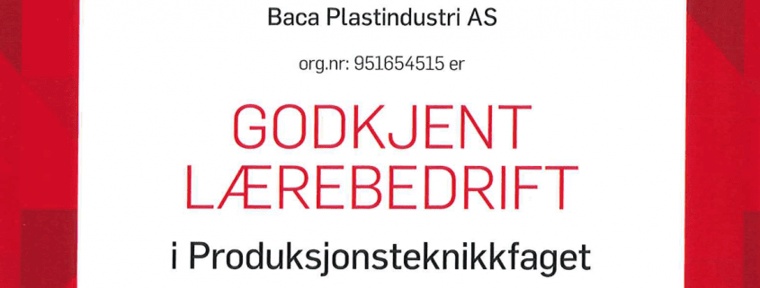 "Logo som viser Baca Plast som en godkjent lærebedrift, et kvalitetsstempel for opplæring og fagutvikling."